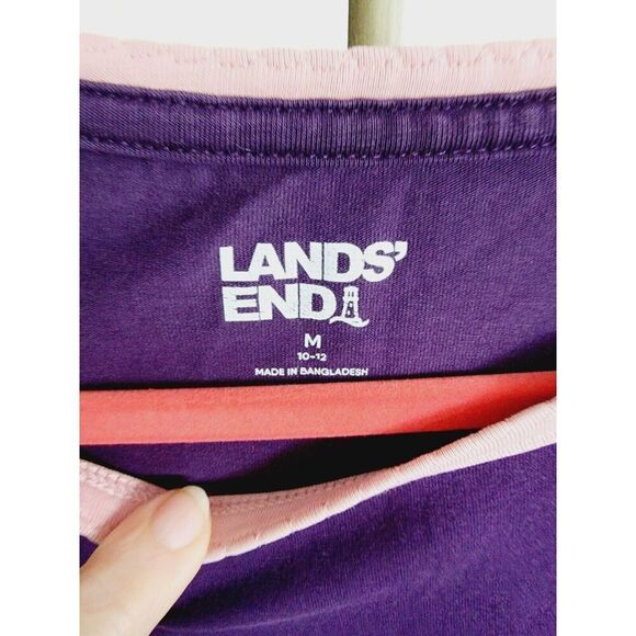Lands End M Purple Top Long Sleeve Cotton Stretch Pink Neck Trim Round Neck - Picture 4 of 6